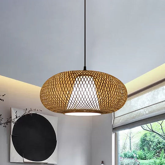 Curved Bamboo Pendant Drum Light With Tradition Design - 12’/14’/16’ Wide Hanging Lamp Kit