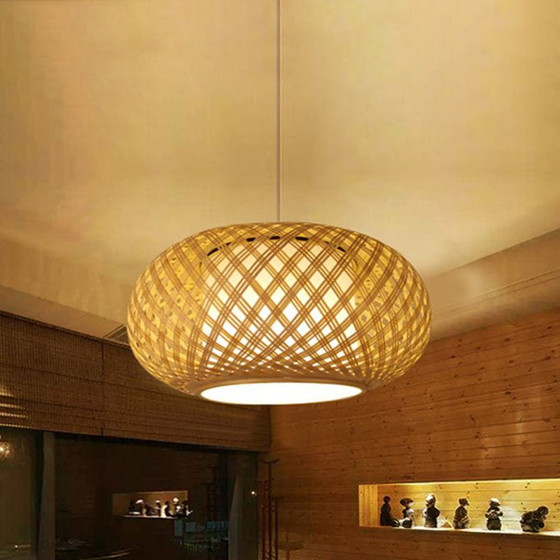 Asian Wood Pendant Light With Lantern Bamboo Shade For Tearoom Ceiling