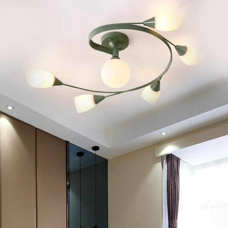 Curly Semi Flush Mount Ceiling Lamp With Nordic Iron & White Glass Shade - 4/6 Head Options In Grey