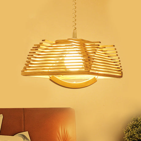 Wooden Shade Modernist Pendant Light Fixture - Beige Tapered Hanging Lamp (1 Bulb)