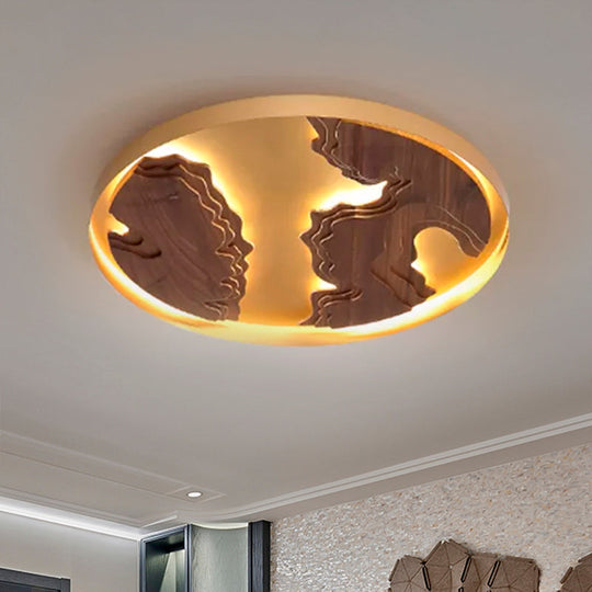 Contemporary Wood Gold/White Round Led Flush Mount Lamp For Living Room Ceiling -