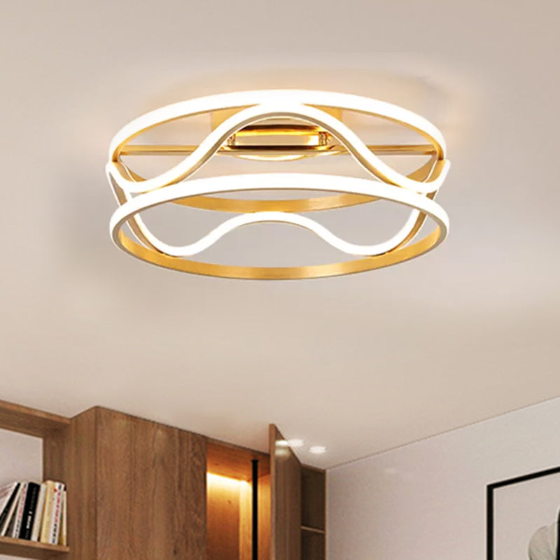 Modern Metal Gold Drum Flush Mount Ceiling Light – Led Fixture For Bedroom Warm/White