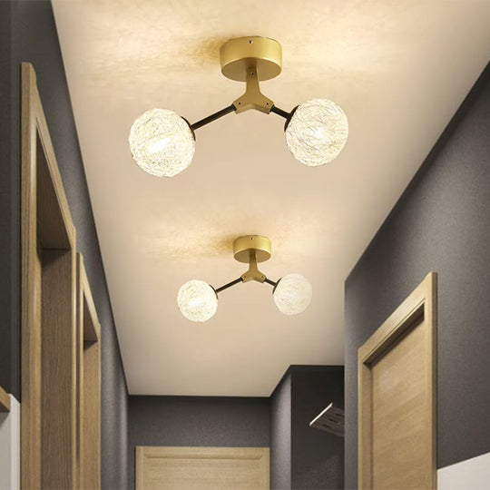 Gold Finish Handwoven Ball Semi Flush Light Fixture - Modern Ceiling Mount