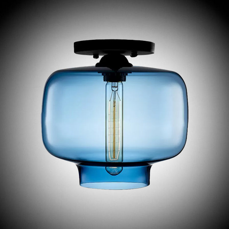 Modern Multi - Colored Lantern Flushmount Light With Glass Shade - Black Finish