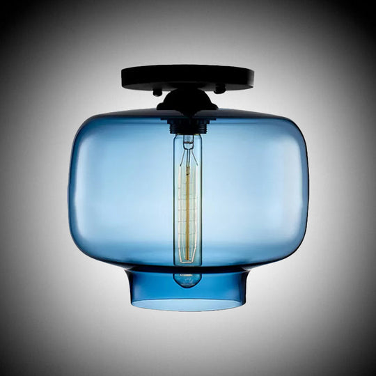 Modern Multi - Colored Lantern Flushmount Light With Glass Shade - Black Finish