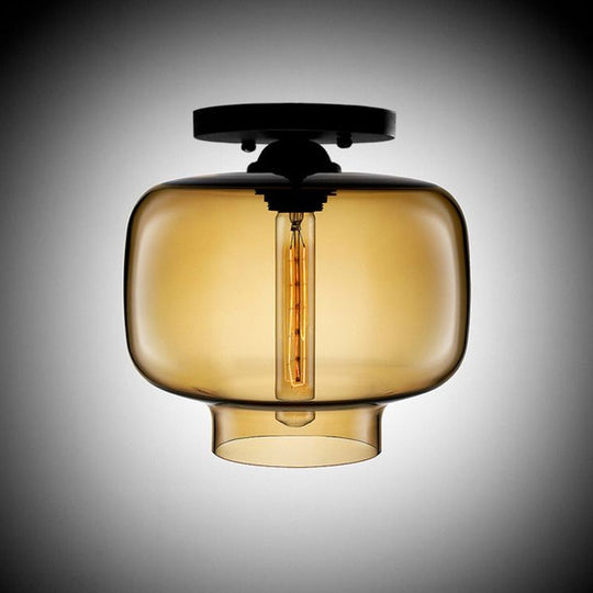 Modern Multi - Colored Lantern Flushmount Light With Glass Shade - Black Finish