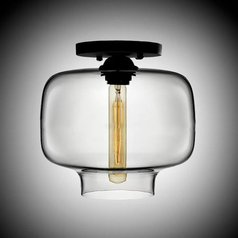 Modern Multi-Colored Lantern Flushmount Light With Glass Shade - Black Finish