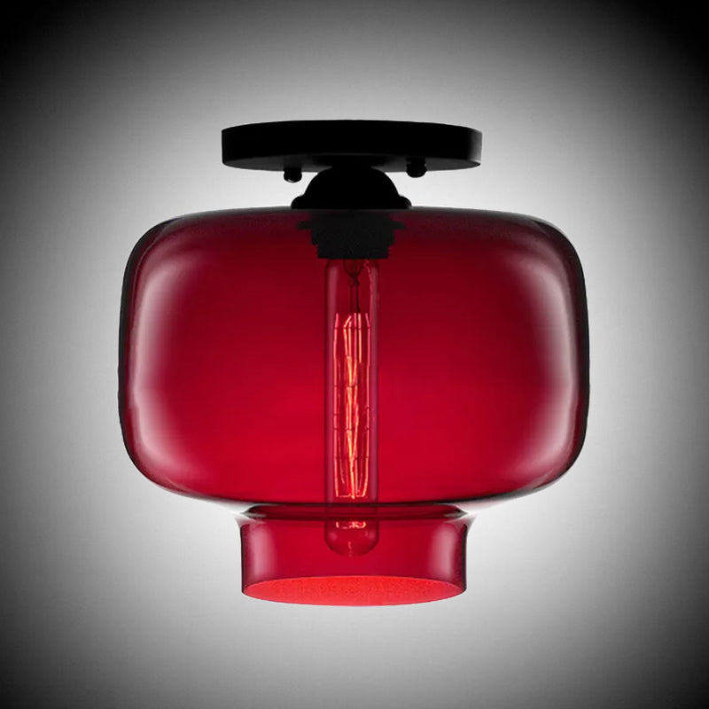Modern Multi-Colored Lantern Flushmount Light With Glass Shade - Black Finish