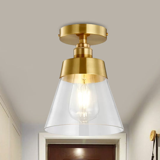Minimalist Gold Semi Flush Mount Light With Conical Shade And Clear Glass Ceiling Fixture