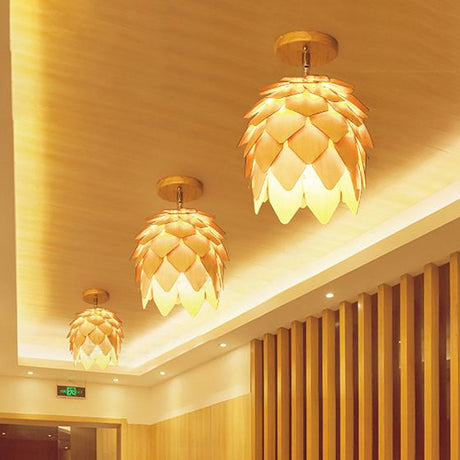 Modern Wooden Square/Trumpet/Pineapple Semi-Flush Ceiling Light - 1 Indoor Mount