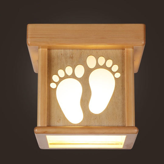 Nordic Wood Square Close To Ceiling Light - 10’ W Flush Mount Fixture With Footprints For Dining