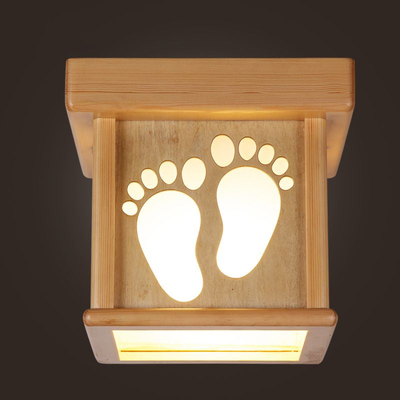 Nordic Wood Square Close To Ceiling Light - 10 W Flush Mount Fixture With Footprints For Dining Room