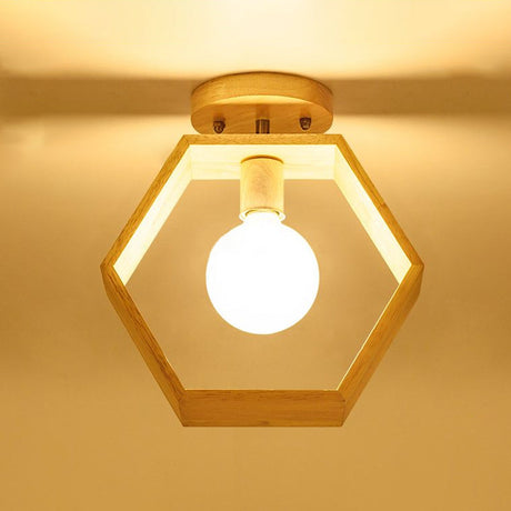 Modern Wood Semi Flush Mount Light - Triangle/Square/Pentagon Shape With White Glass 1 Head Ceiling