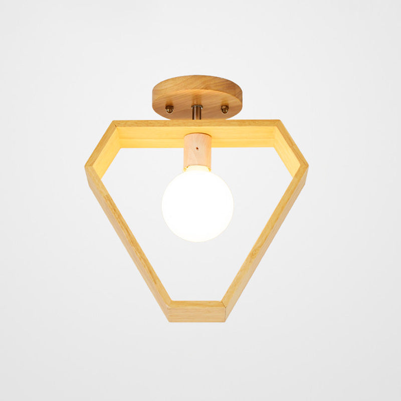 Modern Wood Semi Flush Mount Light - Triangle/Square/Pentagon Shape With White Glass 1 Head Ceiling