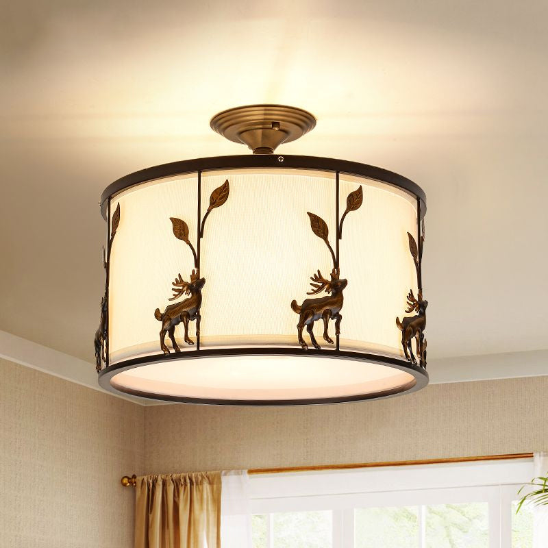 Country Black Deer Drum Ceiling Light With 3 - Lights For Living Room
