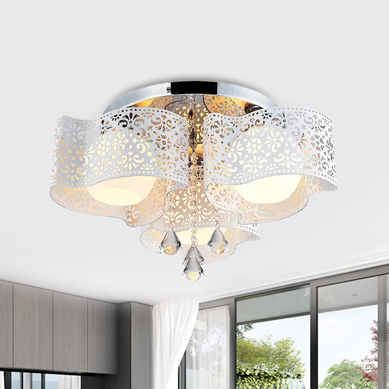 Modernist Crystal Ceiling Lamp With Etched Flower Design 3/5 Lights Opal Glass Ball Shade