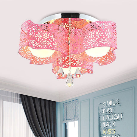 Modernist Crystal Ceiling Lamp With Etched Flower Design 3/5 Lights Opal Glass Ball Shade