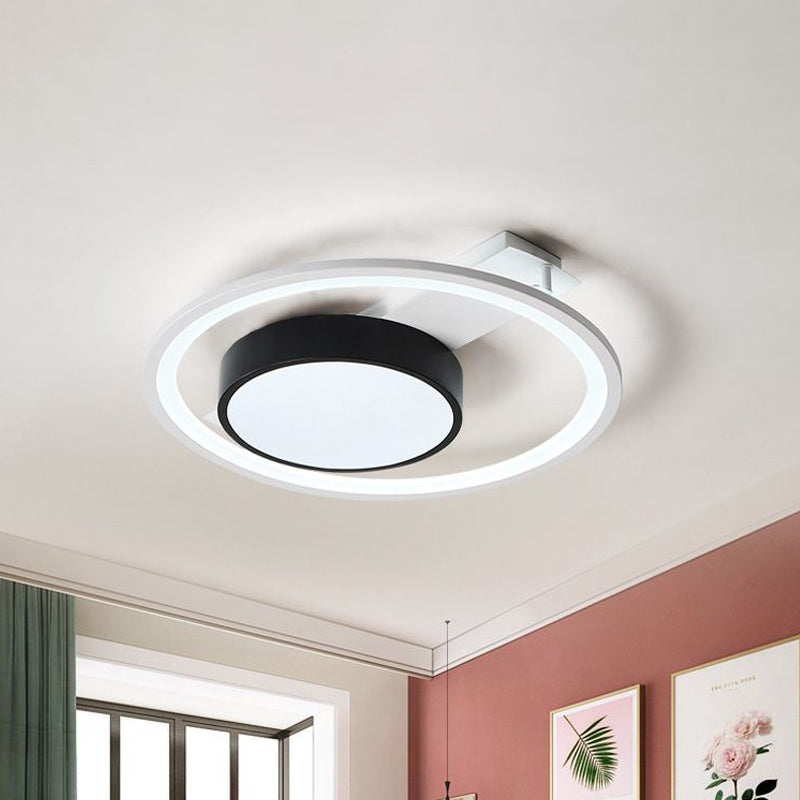 Modern Black And White Led Ceiling Light: Simple Drum Flush Lamp With Halo Ring 16’/19.5’ Wide