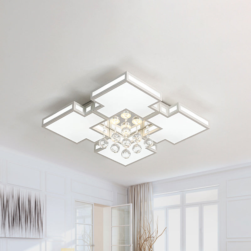 Geometric Ceiling Lamp With Integrated Led And Crystal Ball Accent - 19.5’/23.5’ Wide White