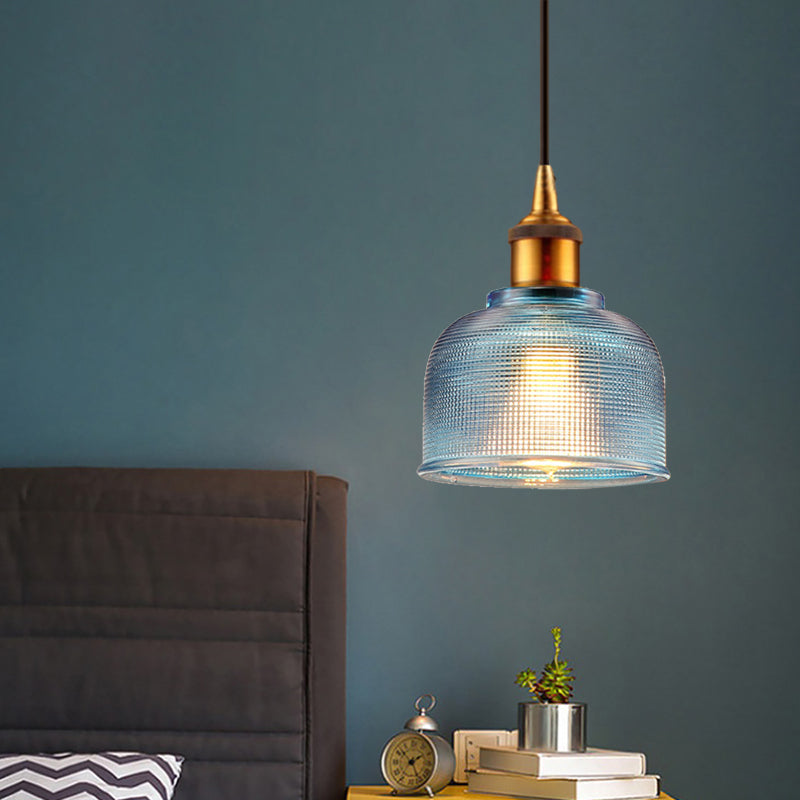 Stylish Grid Glass Pendant Light - Traditional 1 Head Hanging Lamp Cup Shade For Living Room And