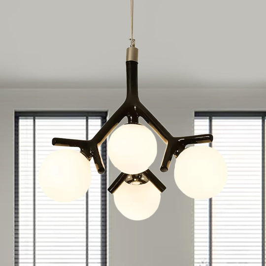 Contemporary Global 4-Light White Glass Chandelier With Branch Design - Hanging Ceiling Fixture In