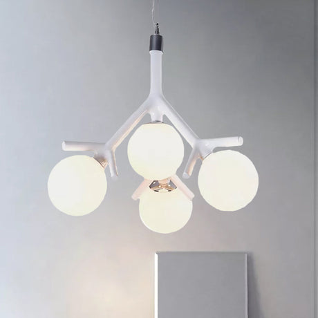 Contemporary Global Chandelier - White Glass With Branch Design 4 Lights Hanging Ceiling Fixture In