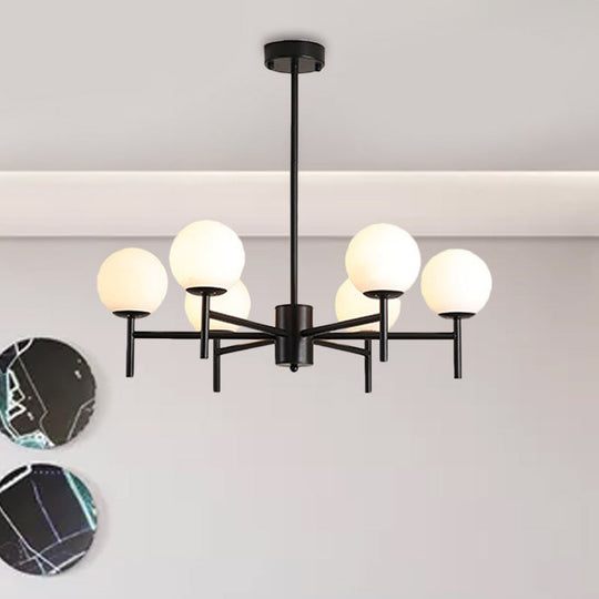 Contemporary Black/Gold Globe Chandelier with Radial Design - 6/8/9 Lights, Milk Glass Hanging Lamp