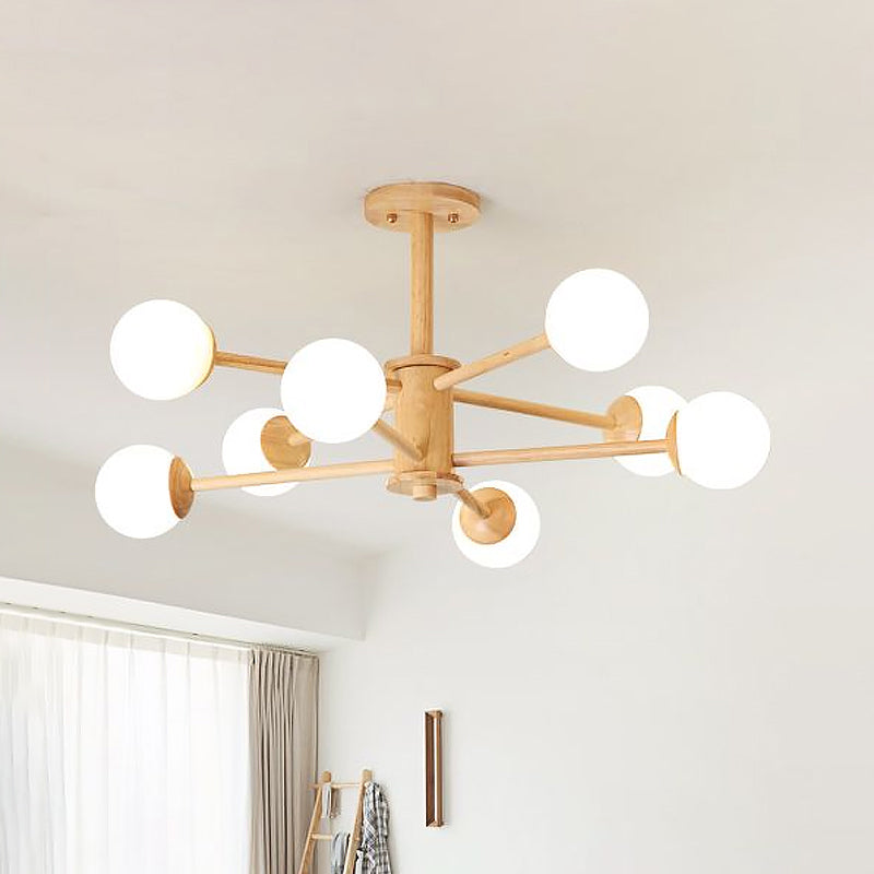 Contemporary Wooden Starburst Chandelier With White Glass Ball Shades - 6/8/12 Lights