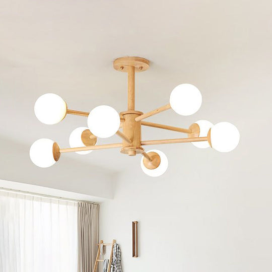 Contemporary Wooden Starburst Chandelier With White Glass Ball Shades - 6/8/12 Lights