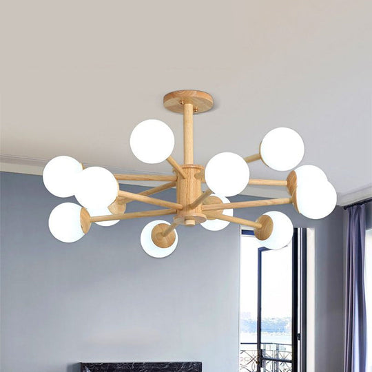 Contemporary Wooden Starburst Chandelier With White Glass Ball Shades - 6/8/12 Lights