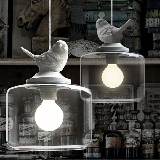 Modernist Pendant Lighting: Cylindrical/Barrel Shaped Hanging Lamp With Clear Glass Bird Design (1/5