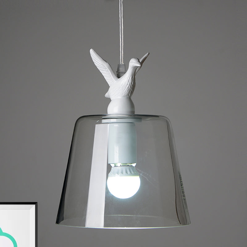 Modernist Pendant Lighting: Cylindrical/Barrel Shaped Hanging Lamp With Clear Glass Bird Design (1/5