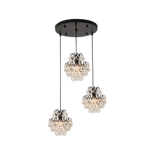 Modern Metal Pendant Light With Clear Crystal Balls And 3 Bulbs - Round/Linear Canopy Black/Gold