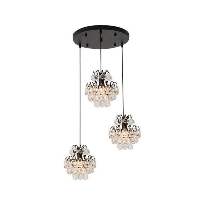 Modern Metal 3-Bulb Pendant Lamp With Clear Crystal Balls - Round/Linear Canopy Black/Gold Finish