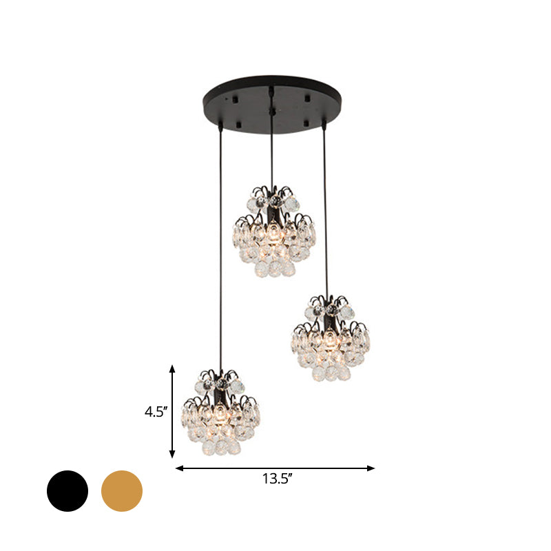 Modern Metal Pendant Light With Clear Crystal Balls And 3 Bulbs - Round/Linear Canopy Black/Gold