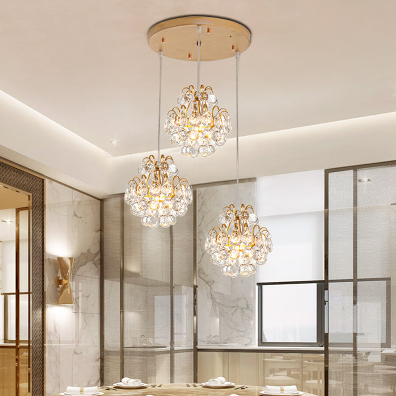 Modern Metal Pendant Light With Clear Crystal Balls And 3 Bulbs - Round/Linear Canopy Black/Gold