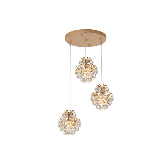 Modern Metal Pendant Light With Clear Crystal Balls And 3 Bulbs - Round/Linear Canopy Black/Gold
