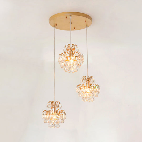 Modern Metal Pendant Light With Clear Crystal Balls And 3 Bulbs - Round/Linear Canopy Black/Gold
