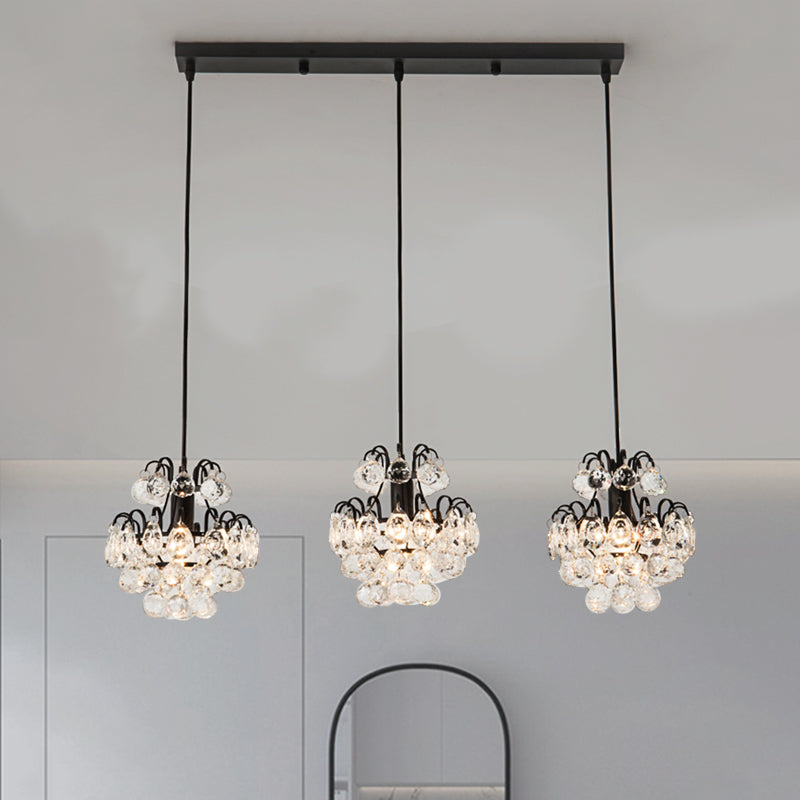 Modern Metal 3-Bulb Pendant Lamp With Clear Crystal Balls - Round/Linear Canopy Black/Gold Finish