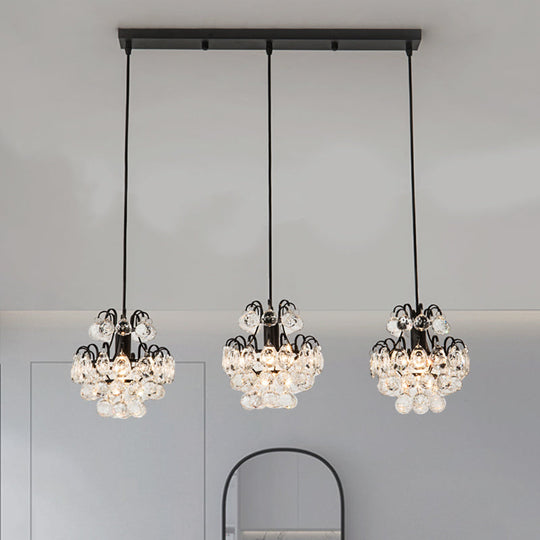 Modern Metal 3-Bulb Pendant Lamp With Clear Crystal Balls - Round/Linear Canopy Black/Gold Finish