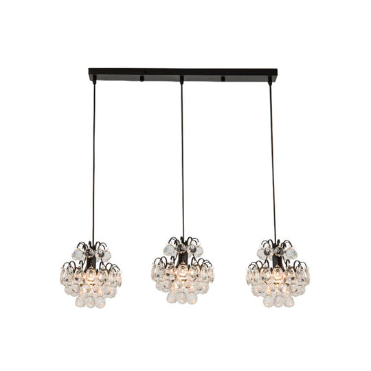 Modern Metal 3-Bulb Pendant Lamp With Clear Crystal Balls - Round/Linear Canopy Black/Gold Finish