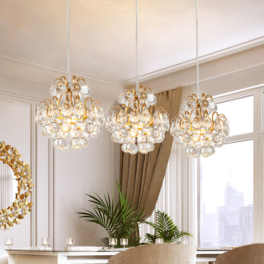 Modern Metal 3-Bulb Pendant Lamp With Clear Crystal Balls - Round/Linear Canopy Black/Gold Finish