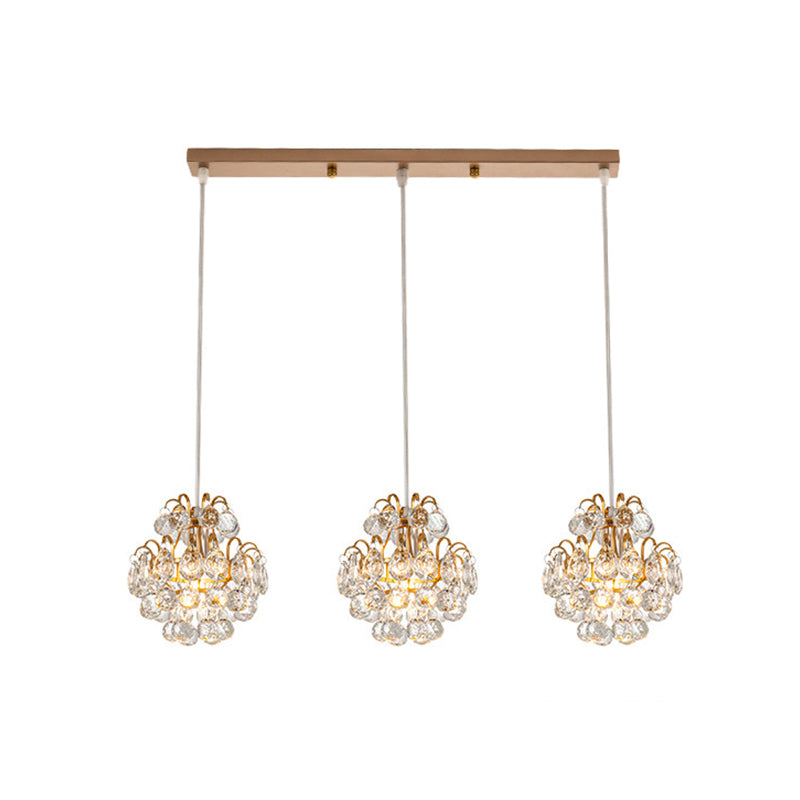 Modern Metal Pendant Light With Clear Crystal Balls And 3 Bulbs - Round/Linear Canopy Black/Gold