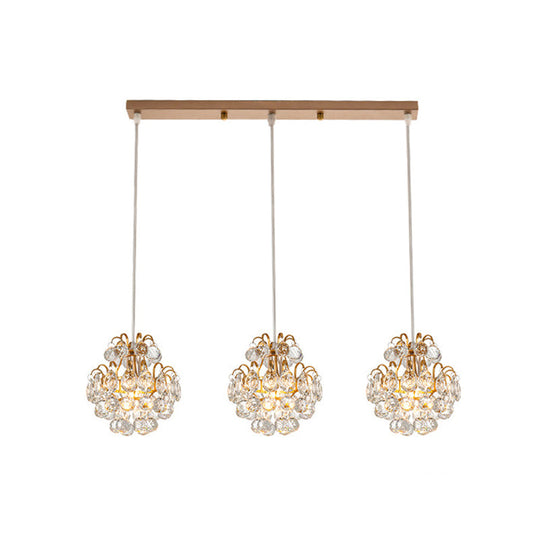 Modern Metal 3-Bulb Pendant Lamp With Clear Crystal Balls - Round/Linear Canopy Black/Gold Finish