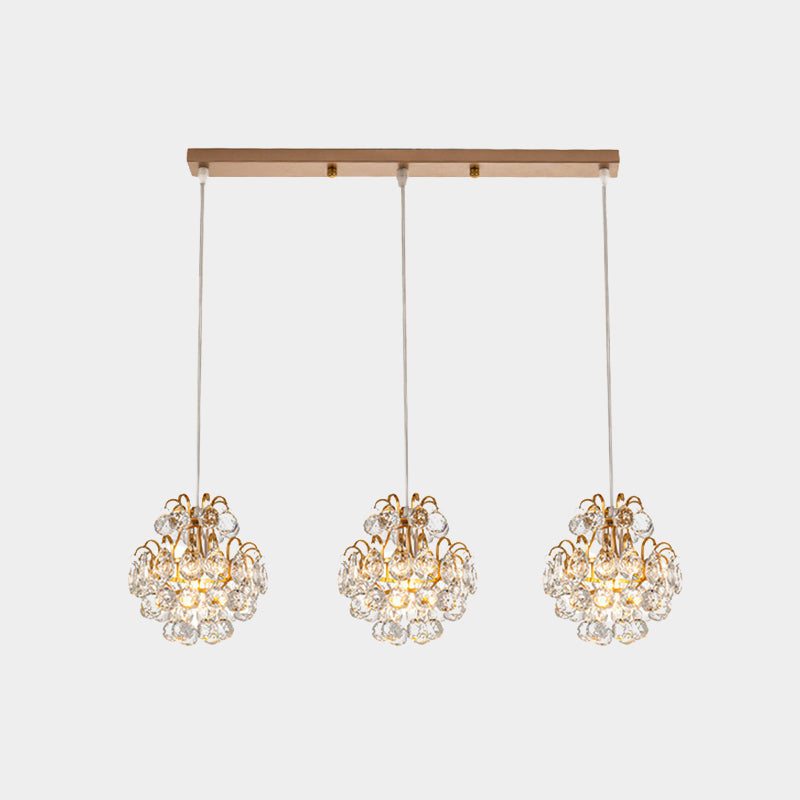 Modern Metal Pendant Light With Clear Crystal Balls And 3 Bulbs - Round/Linear Canopy Black/Gold