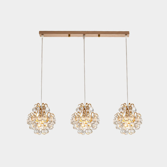 Modern Metal Pendant Light With Clear Crystal Balls And 3 Bulbs - Round/Linear Canopy Black/Gold