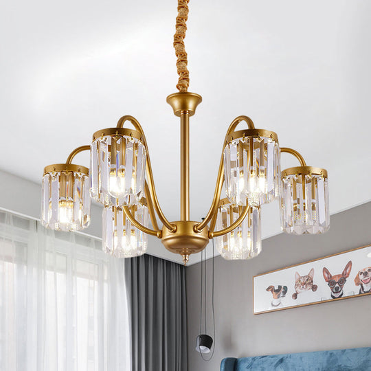 Modern Cylinder Crystal Pendant Chandelier With Gold Finish - 6/8 Heads
