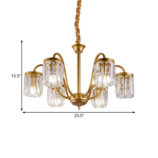 Modern Cylinder Crystal Pendant Chandelier With Gold Finish - 6/8 Heads