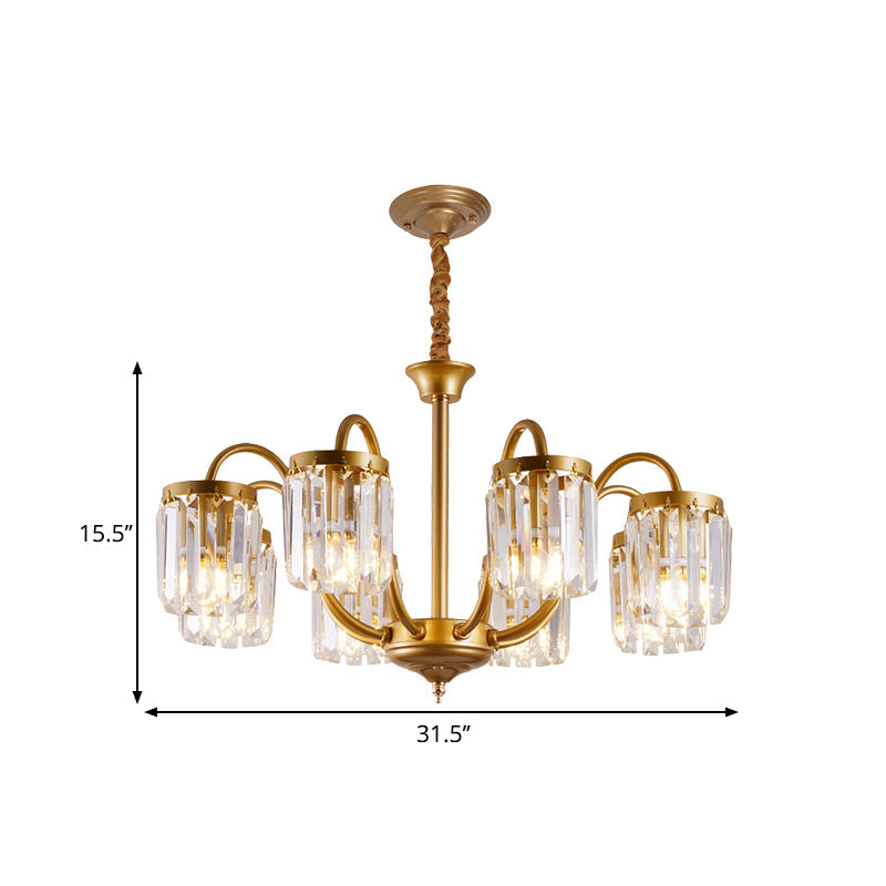 Modern Cylinder Crystal Pendant Chandelier With Gold Finish - 6/8 Heads