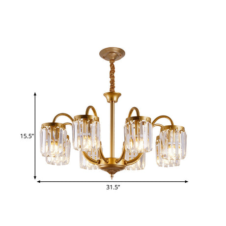 Modern Cylinder Pendant Chandelier With Crystal Prisms - Gold Finish 6/8 Heads Living Room Hanging